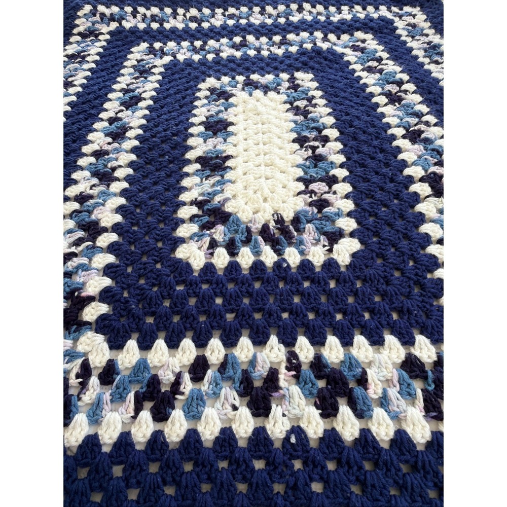 Vintage Hand Crochet Blue/white Small Throw Blanket 48in X 37in GWB002 - Picture 8 of 10